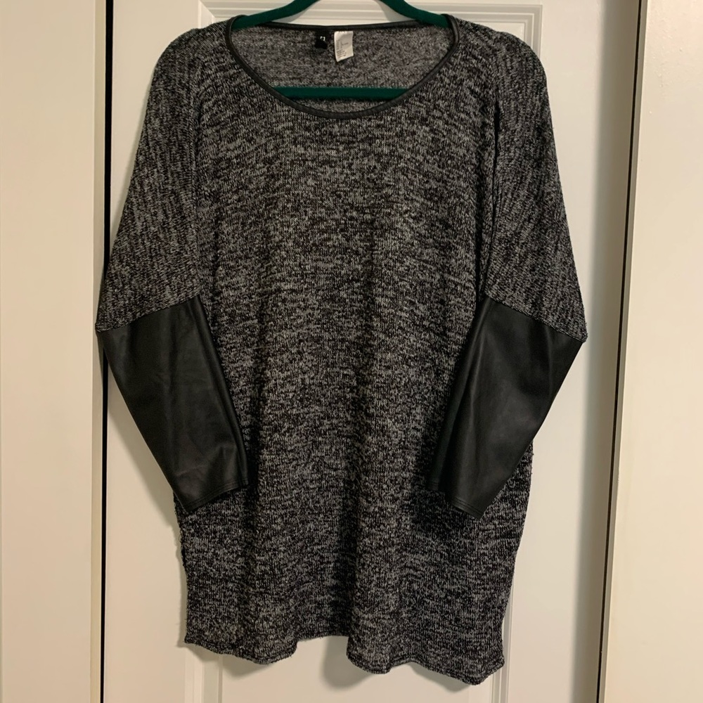 Heathered grey sweater with faux leather sleeves
